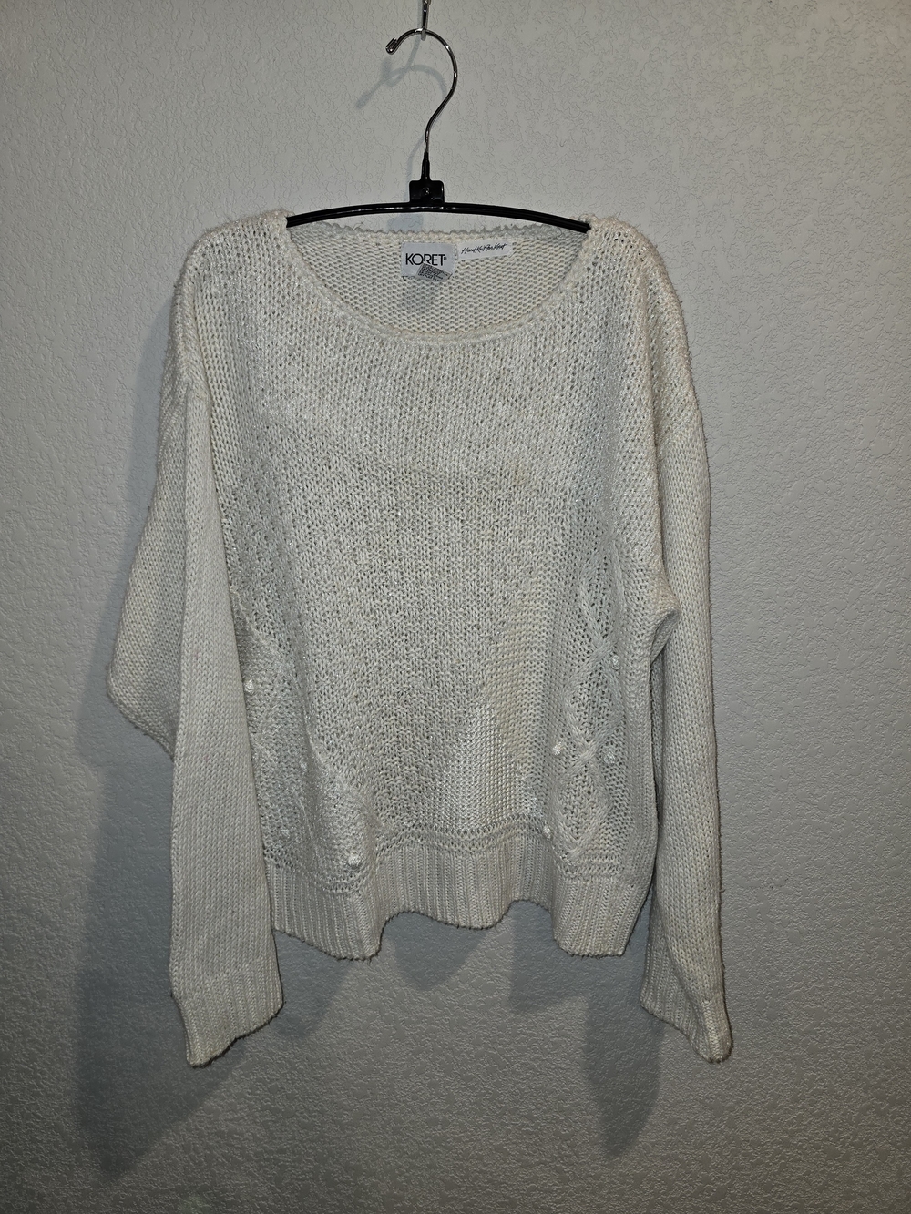 Vintage Koret Hand Knit Cream Textured Bobble Cable Pullover Sweater - Size M